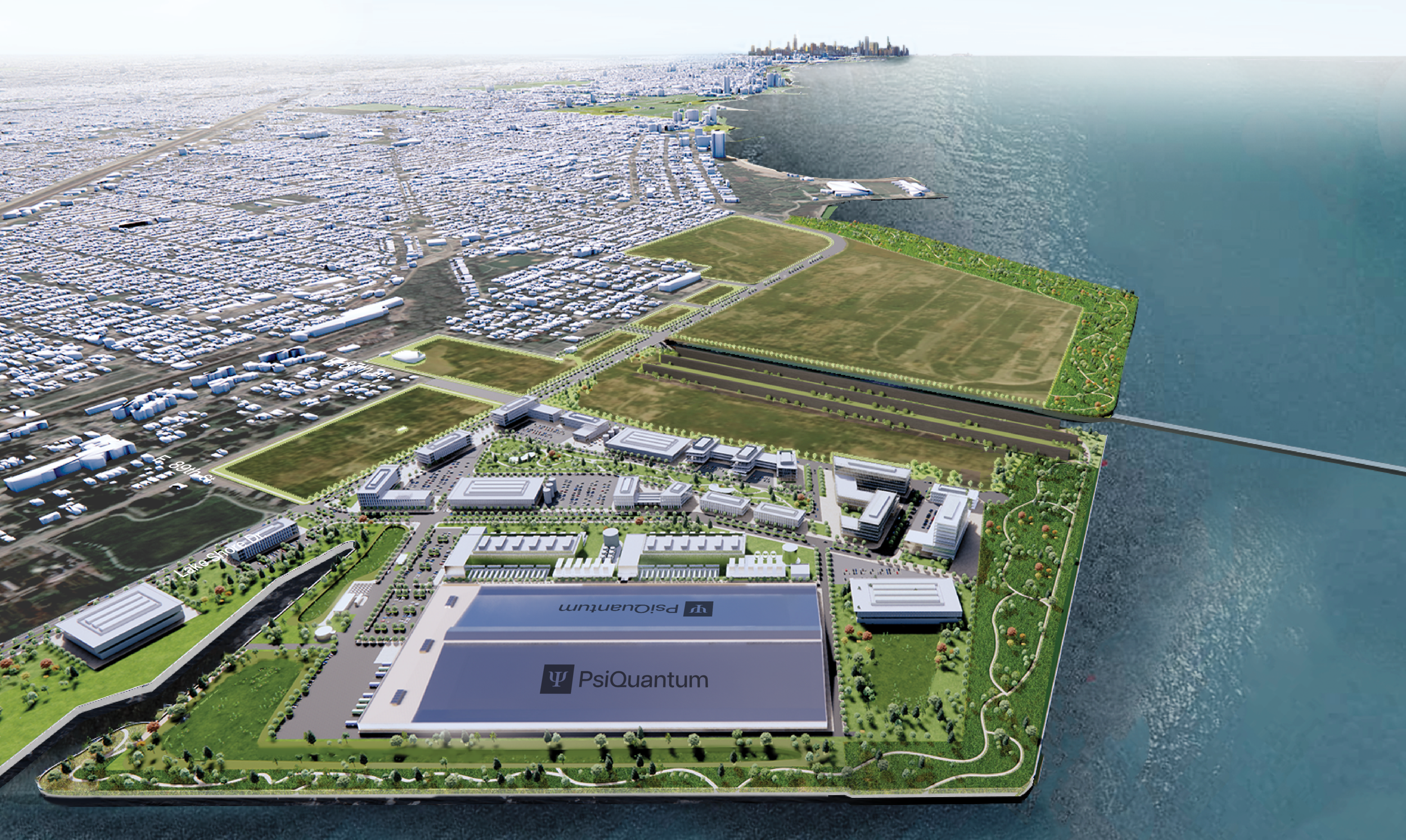 Published conceptual aerial rendering of the planned Illinois Quantum and Microelectronics Park, including PsiQuantum’s facility beside Lake Michigan