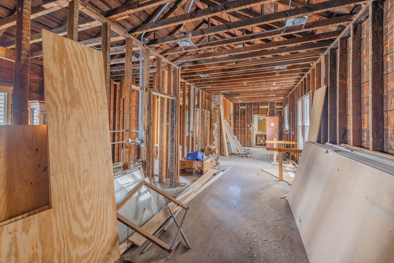 Exposed wall and ceiling framing